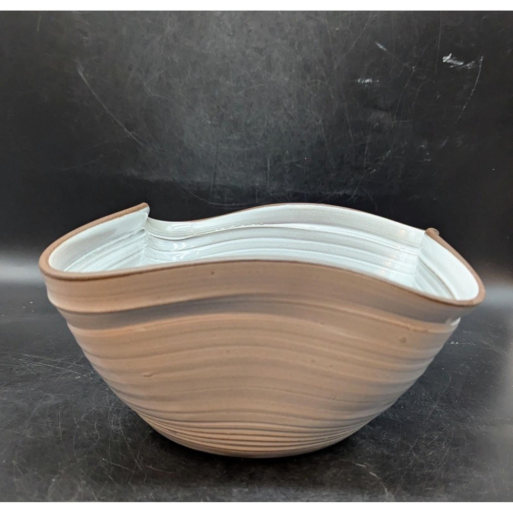 Vintage Studio Art Pottery White Centerpiece Console Bowl Signed Ruffled 11"